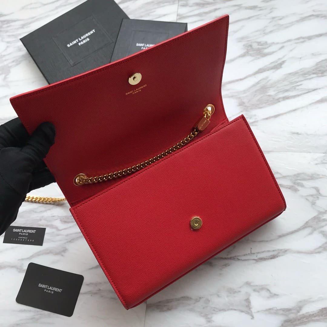 Sa1nt Lau*nt Red Grained Leather Monogram Medium Kate Flap Bag