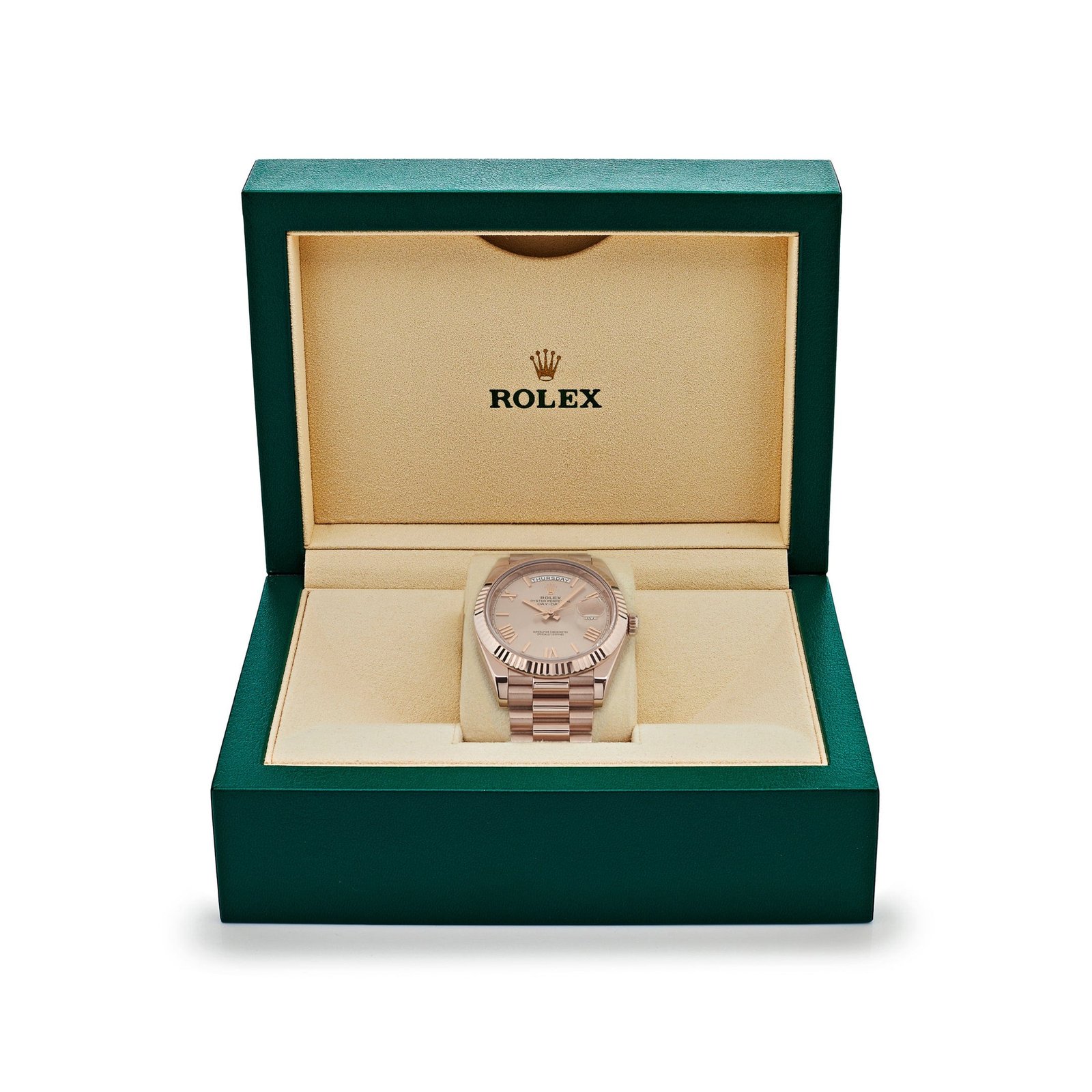 R01ex Day-Date 40 228235 Rose Gold Sundust Roman Dial