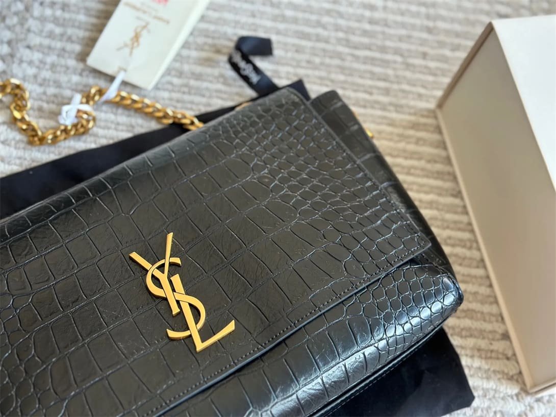 Sa1nt Lau*nt Medium Double-Sided Lettering Kate Crossbody Bag in Calfskin and Crocodile-Embossed Suede
