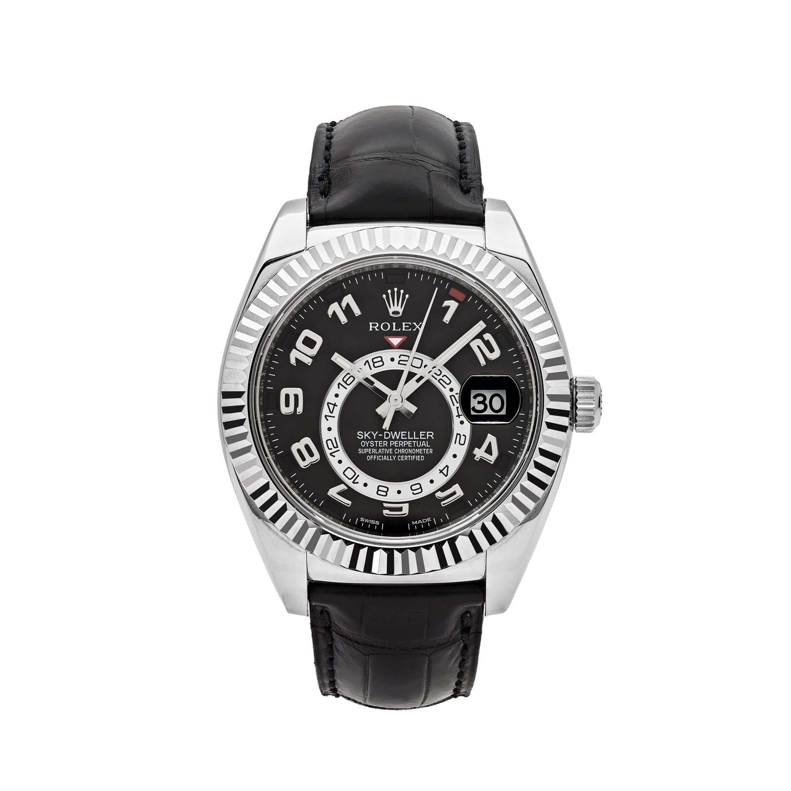 R01ex Sky-Dweller 326139 White Gold Black Dial Leather Strap