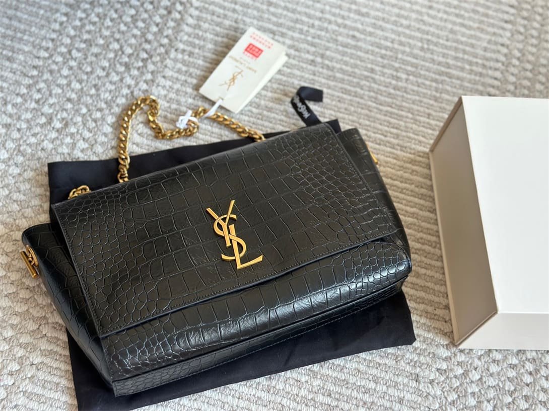 Sa1nt Lau*nt Medium Double-Sided Lettering Kate Crossbody Bag in Calfskin and Crocodile-Embossed Suede