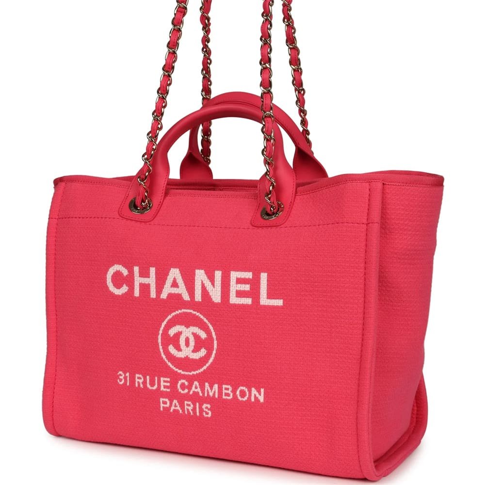 Ch**el Medium Deauville Shopping Tote Hot Pink Canvas Light Gold Hardware