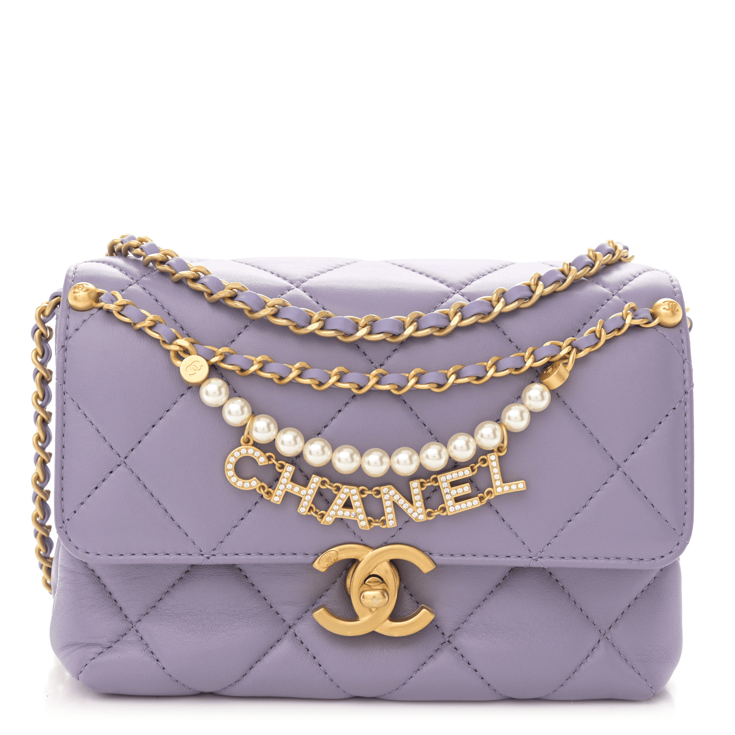 Ch**el  Shiny Lambskin Quilted Mini Pearl Logo Flap Light Purple