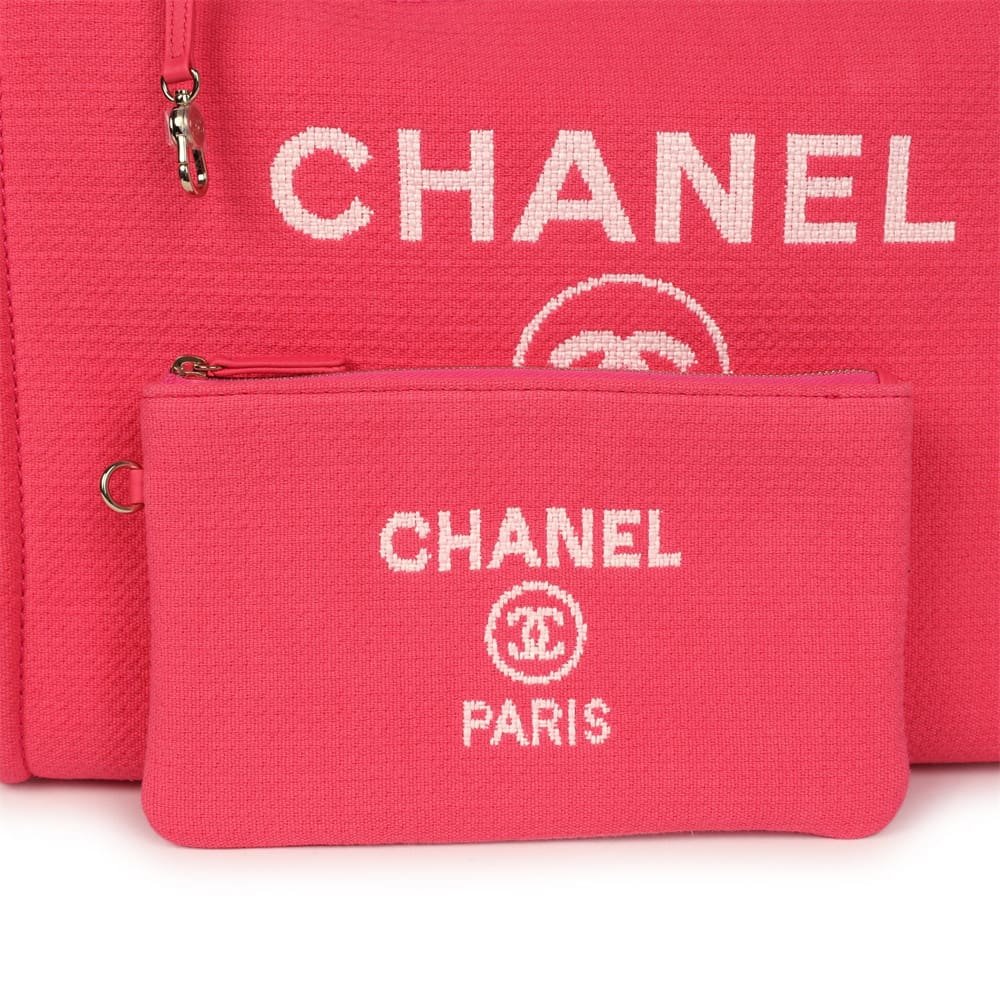 Ch**el Medium Deauville Shopping Tote Hot Pink Canvas Light Gold Hardware