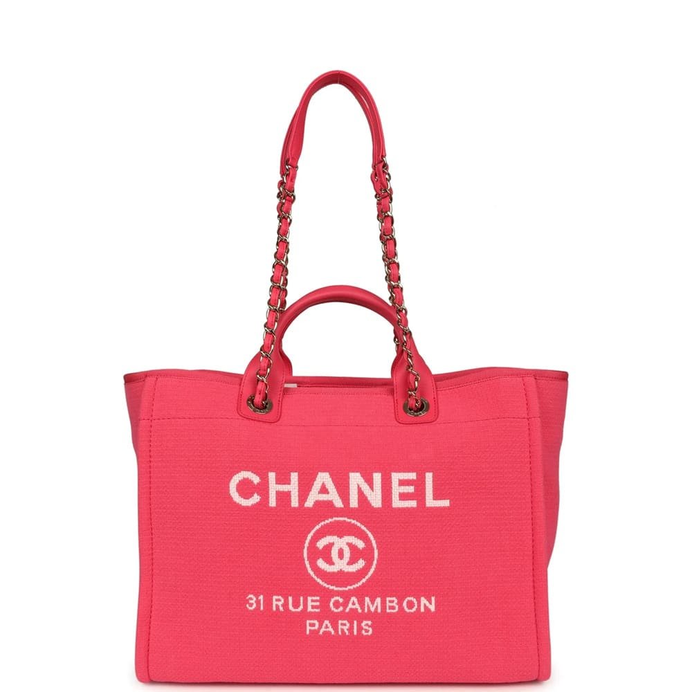 Ch**el Medium Deauville Shopping Tote Hot Pink Canvas Light Gold Hardware