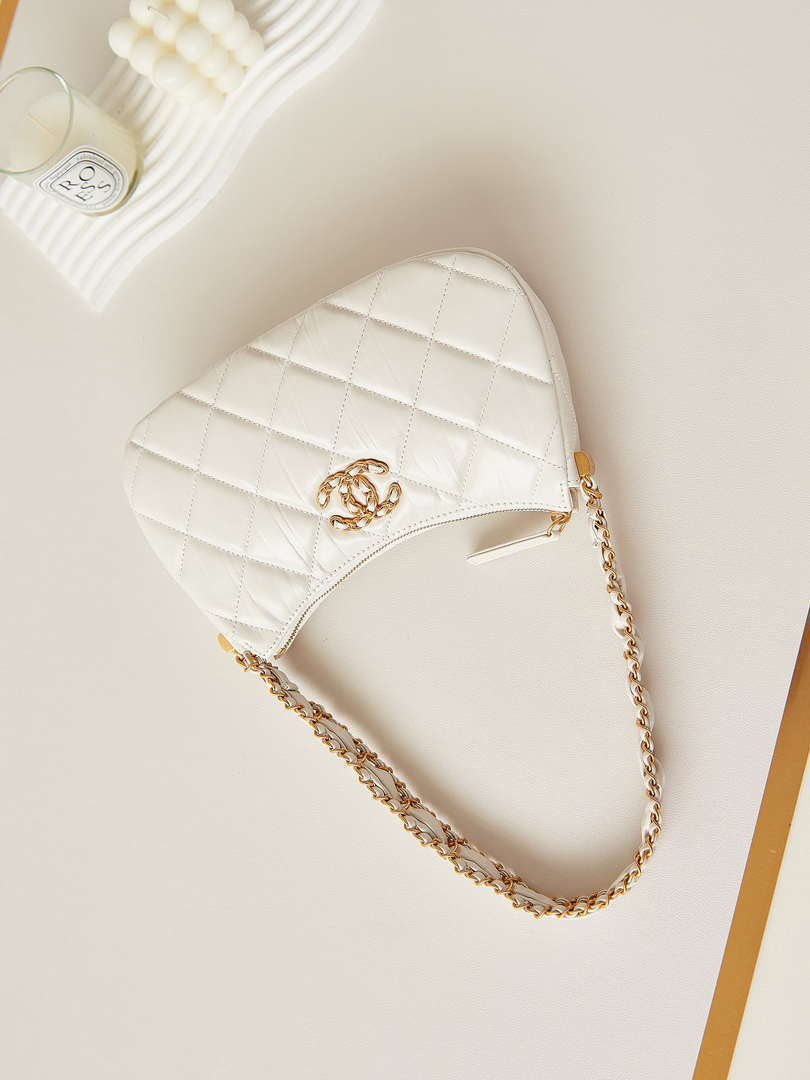 Ch**el AS4422 23K Hobo Bag Lambskin Gold Metal White