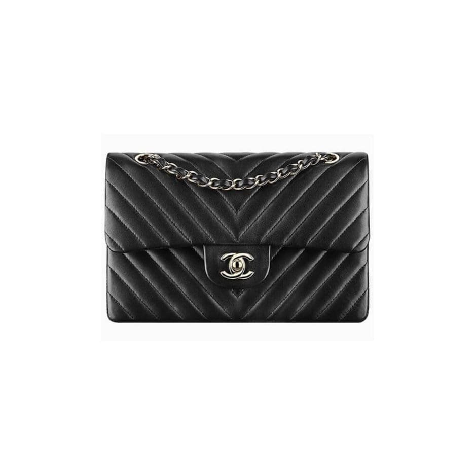Ch**el Classic Chevron Tweed Medium Flap Silver