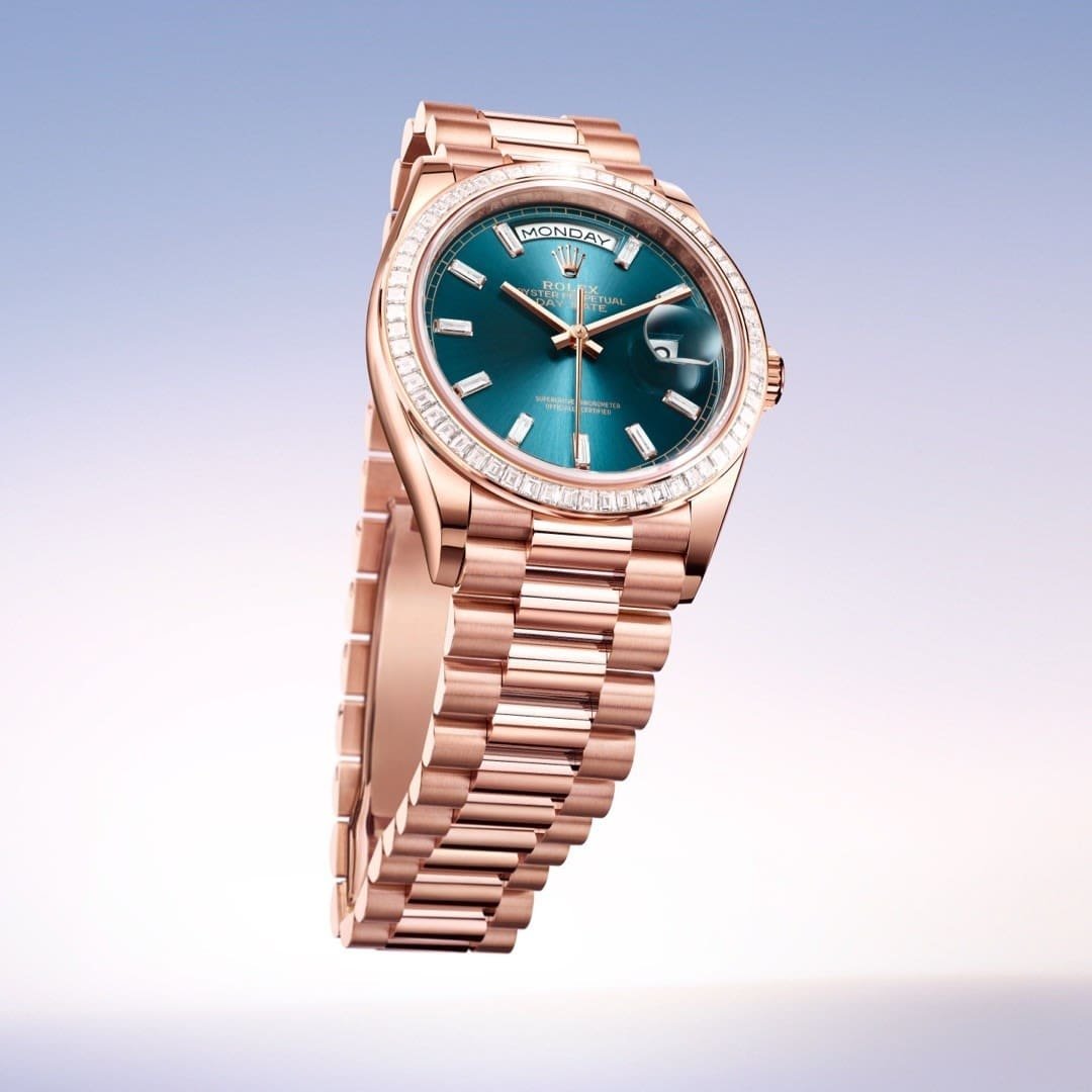 R01ex Day-Date 36 128345RBR Rose Gold D1am0nd Bezel Blue-Green Baguette Marker Dial