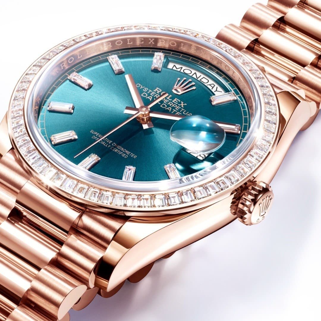 R01ex Day-Date 36 128345RBR Rose Gold D1am0nd Bezel Blue-Green Baguette Marker Dial