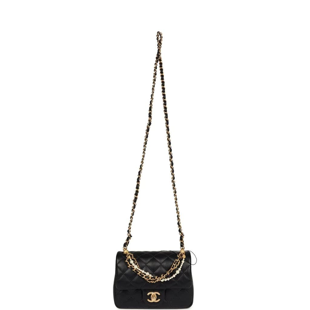 Ch**el Mini Square Pearl Crush Flap Bag Black Lambskin Brushed Gold Hardware