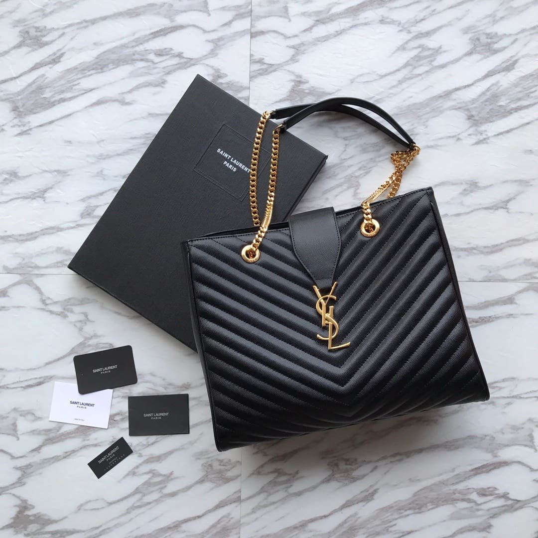 Sa1nt Lau*nt Black Chevron Leather Monogram Chain Cassandre Tote