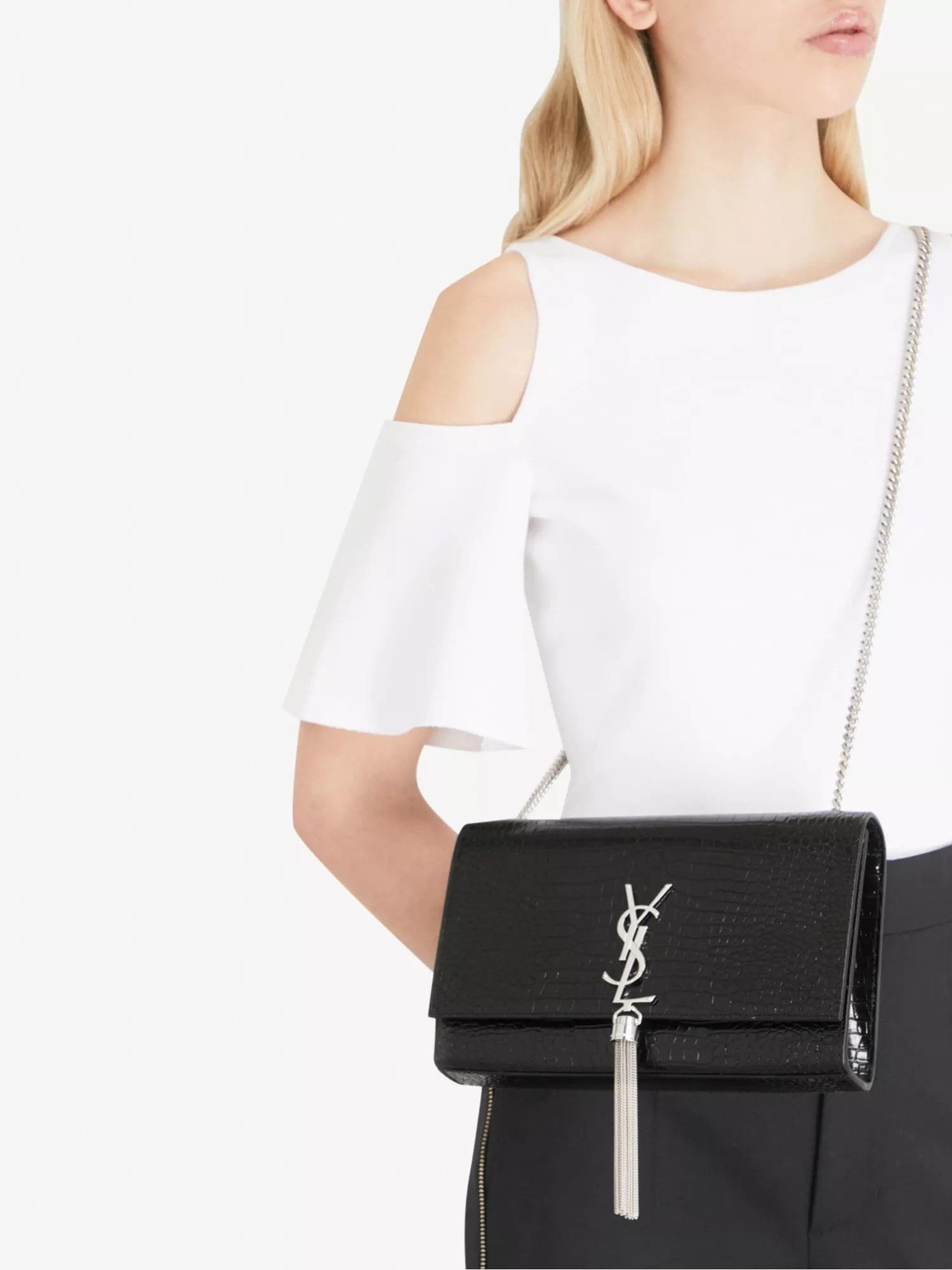 Sa1nt Lau*nt Kate monogram croc-embossed leather shoulder bag