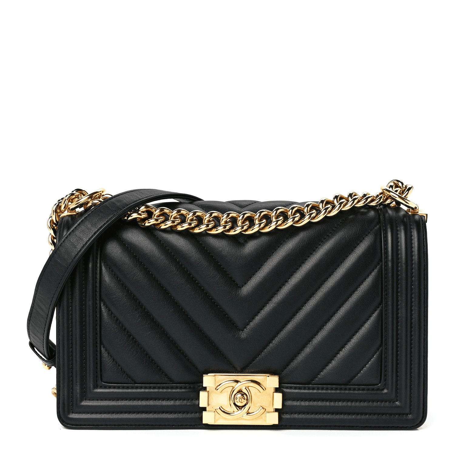 Ch**el Calfskin Chevron Quilted Medium Boy Flap Black