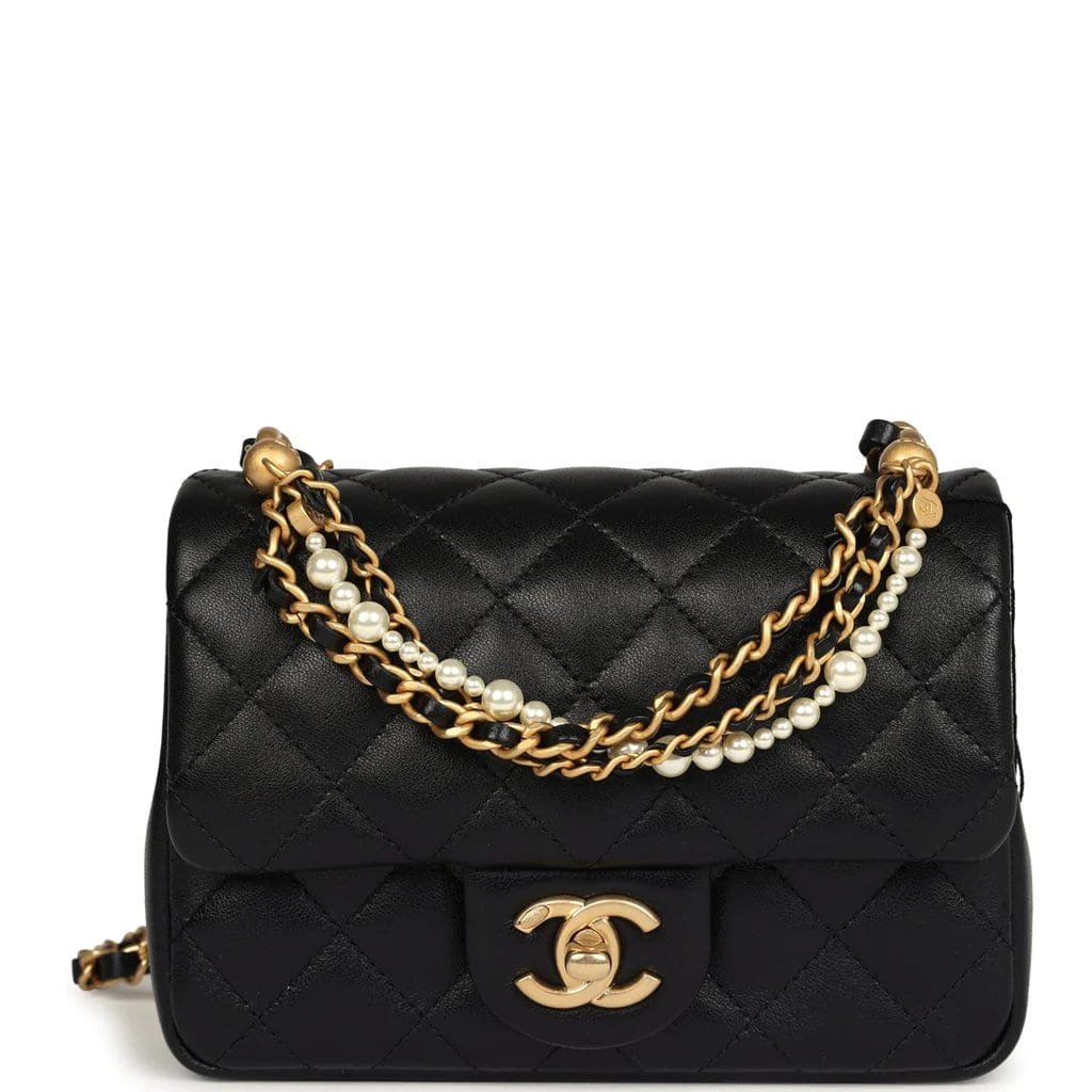 Ch**el Mini Square Pearl Crush Flap Bag Black Lambskin Brushed Gold Hardware