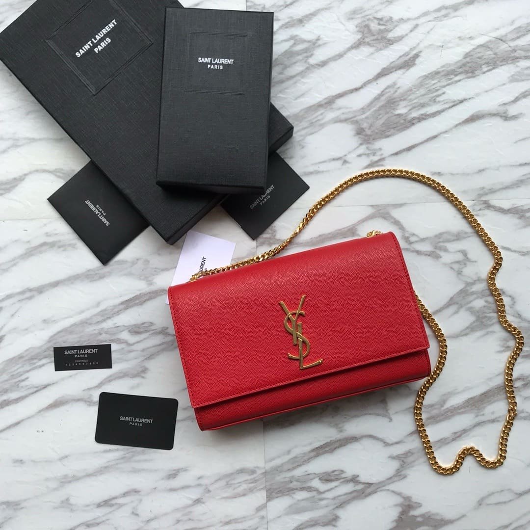 Sa1nt Lau*nt Red Grained Leather Monogram Medium Kate Flap Bag