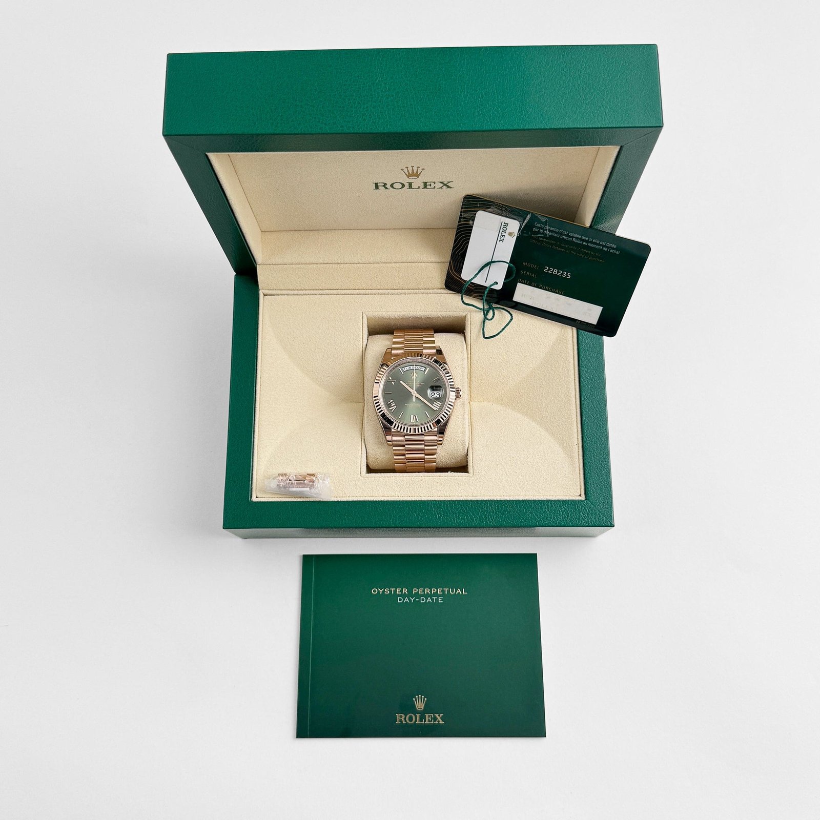 R01ex Day-Date 40 228235 Rose Gold Olive Green Dial (2023)