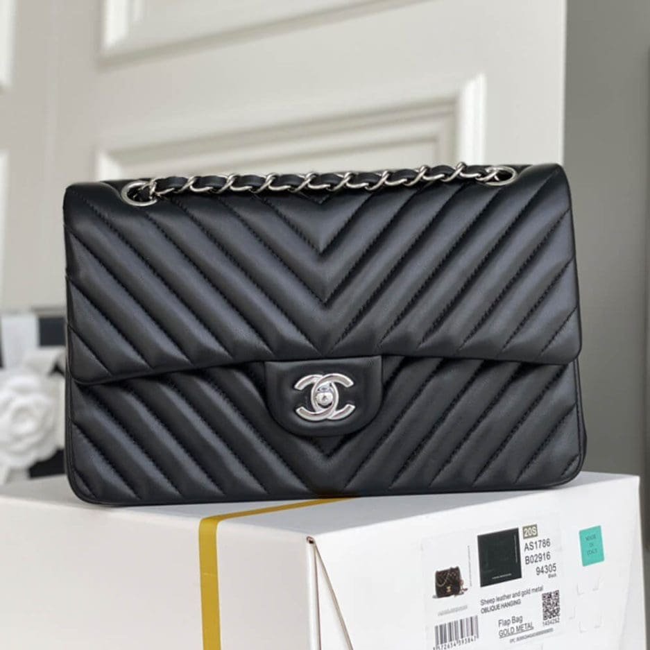 Ch**el Classic Chevron Tweed Medium Flap Silver