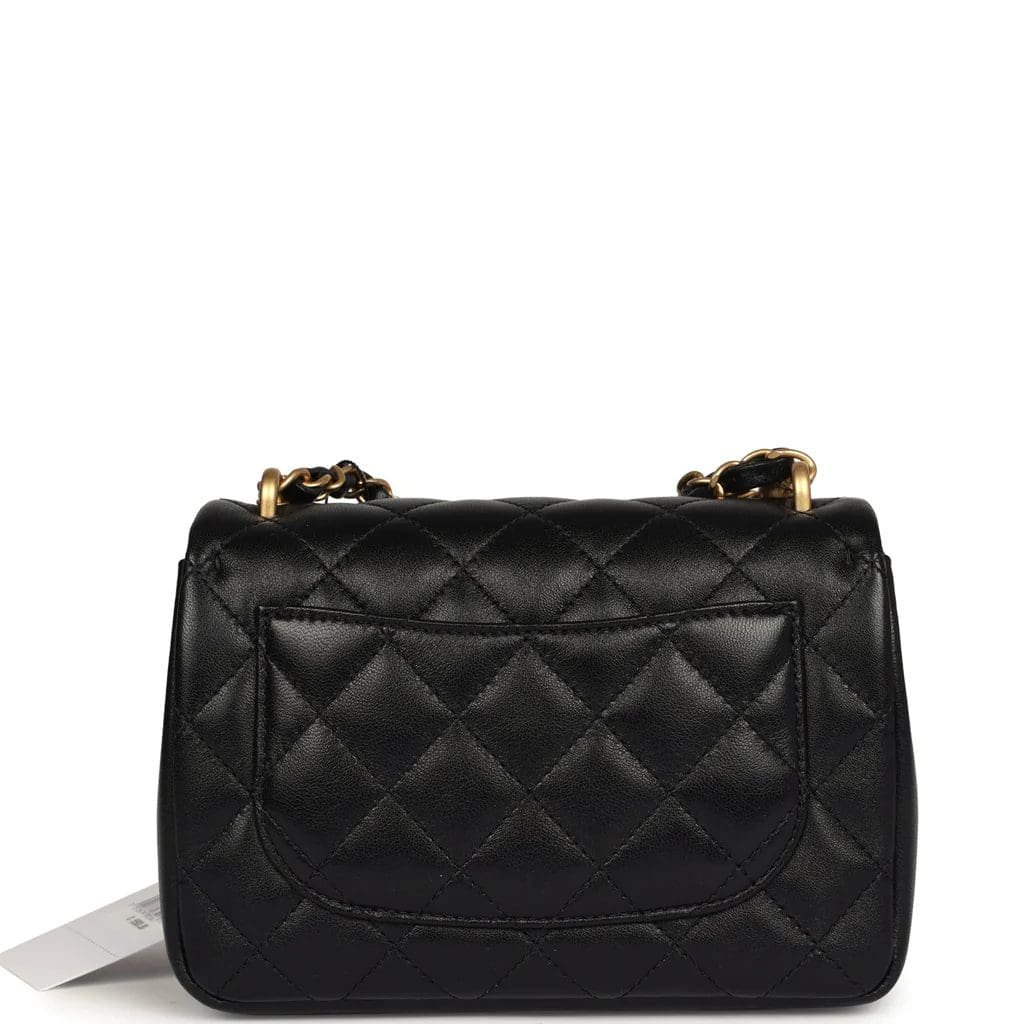 Ch**el Mini Square Pearl Crush Flap Bag Black Lambskin Brushed Gold Hardware
