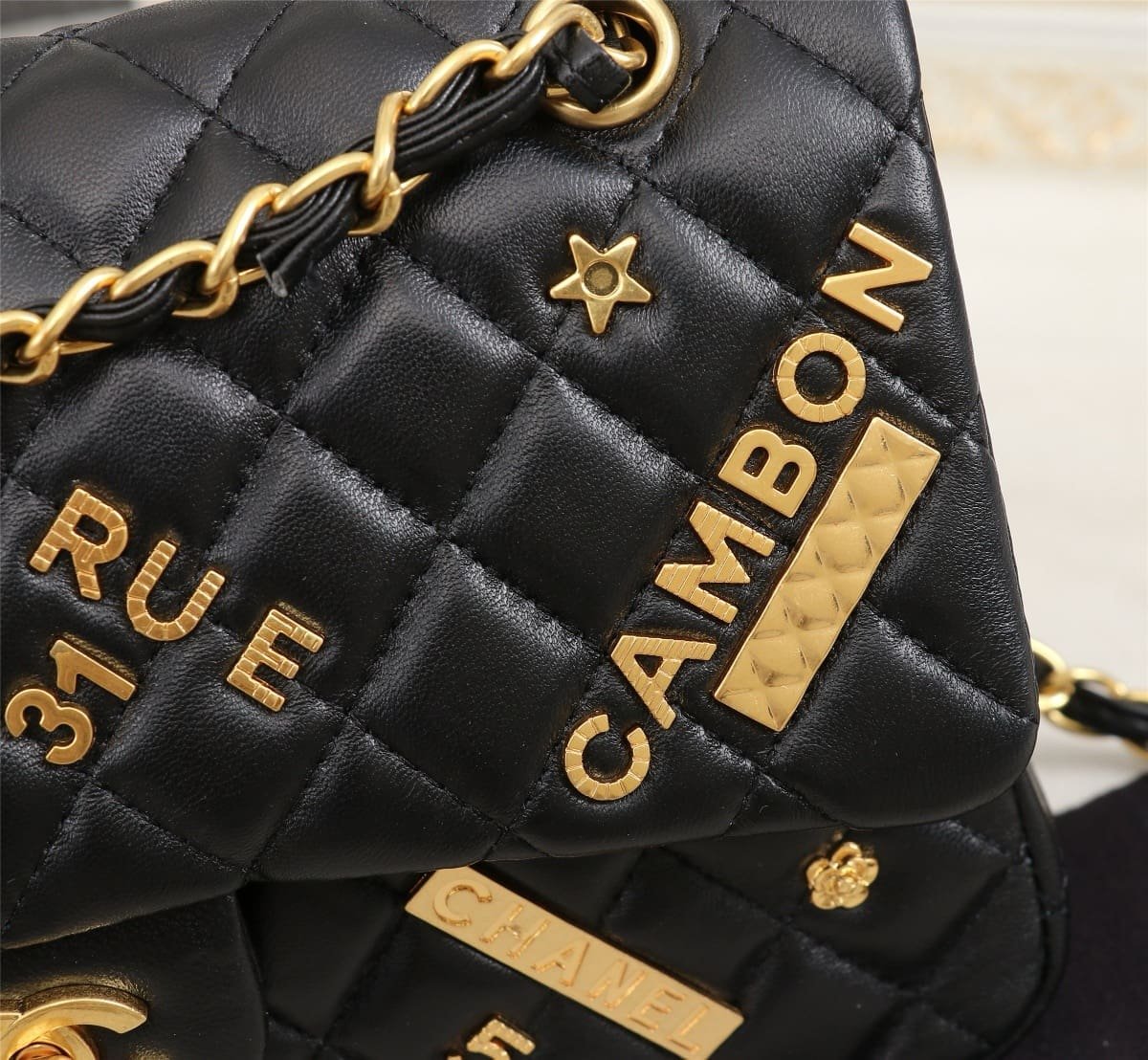 Ch**el Lambskin Quilted Medium Rue Cambon Charms Double Flap Black