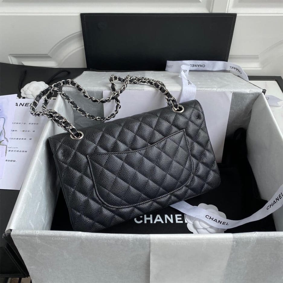 Ch**el CLASSIC HANDBAG Grained Calfskin & Silver Metal