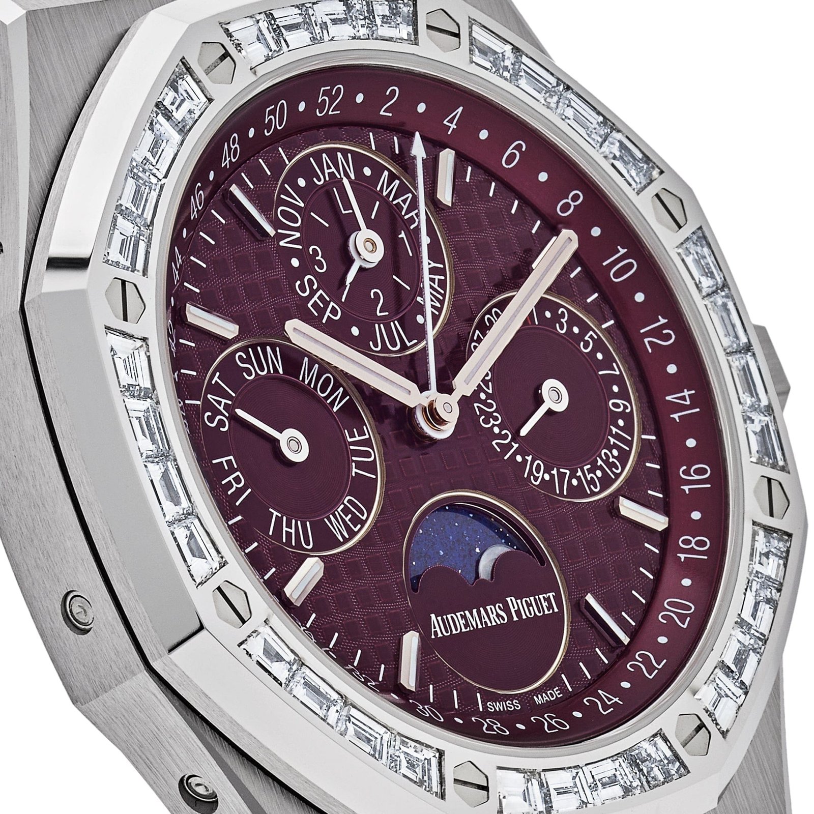 Audemars P1g*et Royal Oak Perpetual Calendar 26598BC.ZZ.1220BC.01 ‘Special Edition’ White Gold Burgundy Dial D1am0nd Bezel (2024)