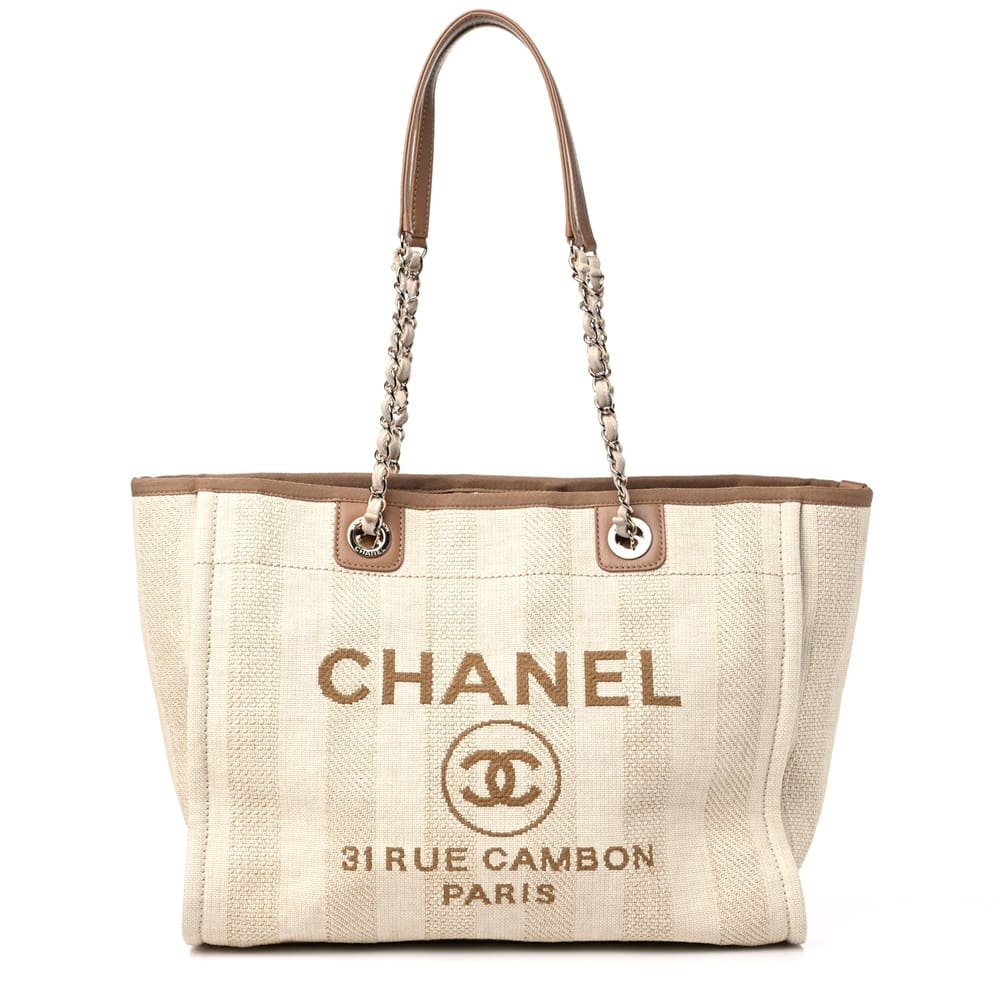 Ch**el Mixed Fibers Calfskin Striped Deauville Tote Beige