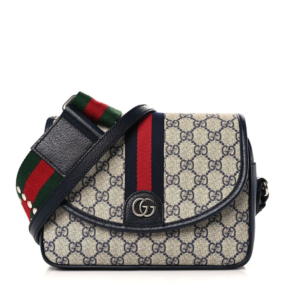 Gvc*1 Svp*me Monogram Textured Dollar Calfskin Web Studded Mini Ophidia Flap Shoulder Bag Beige Blue