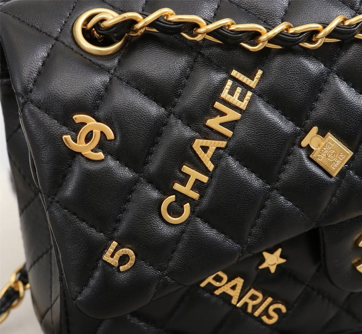 Ch**el Lambskin Quilted Medium Rue Cambon Charms Double Flap Black