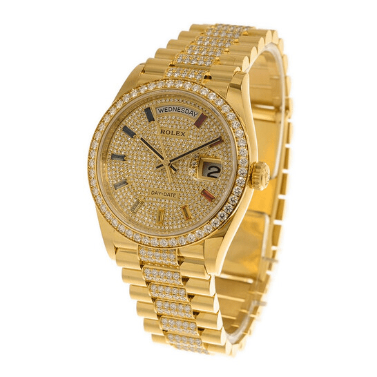 R01ex Day Date Ref. 128348RBR-0043 36mm Yellow Gold Full Pave Rainbow