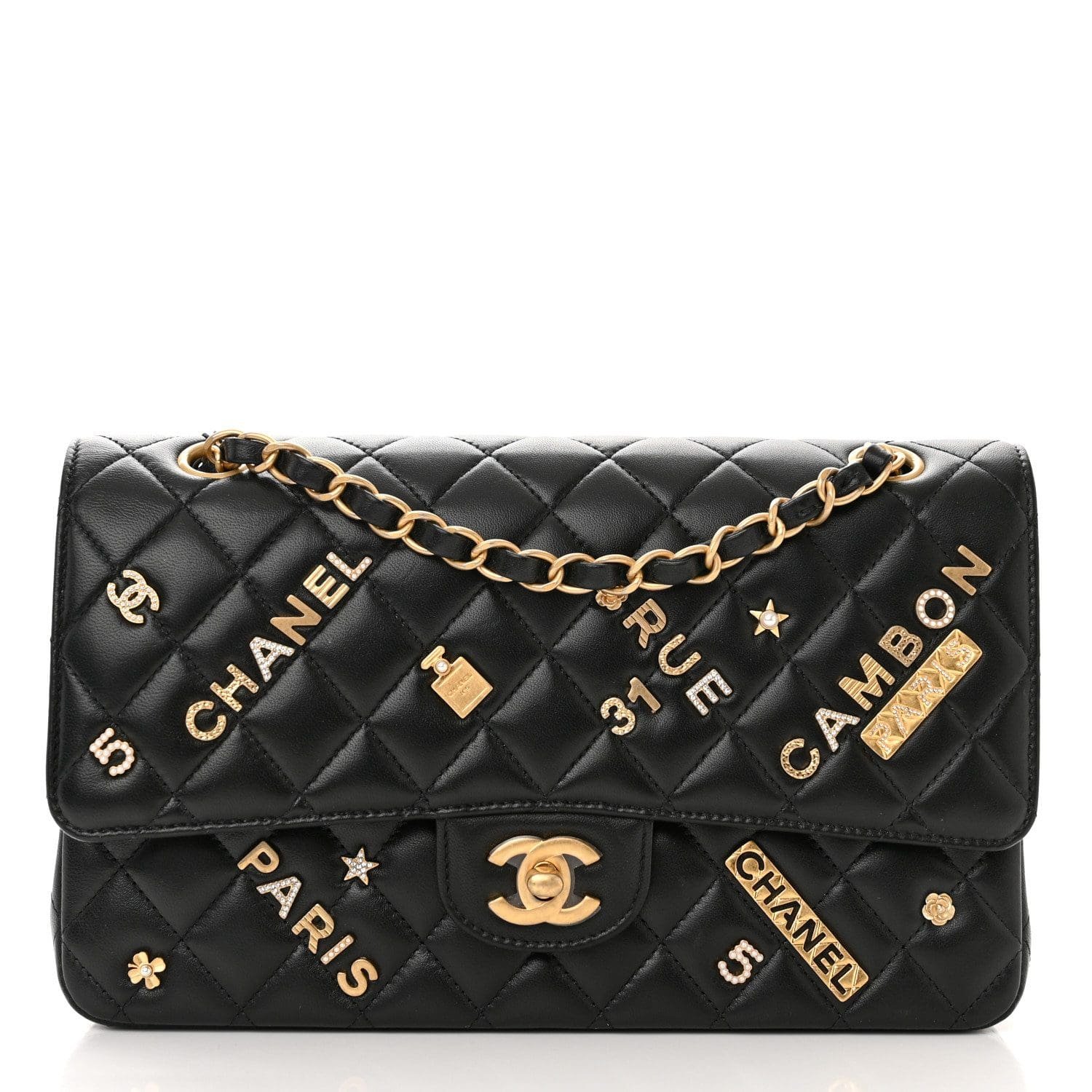 Ch**el Lambskin Quilted Medium Rue Cambon Charms Double Flap Black