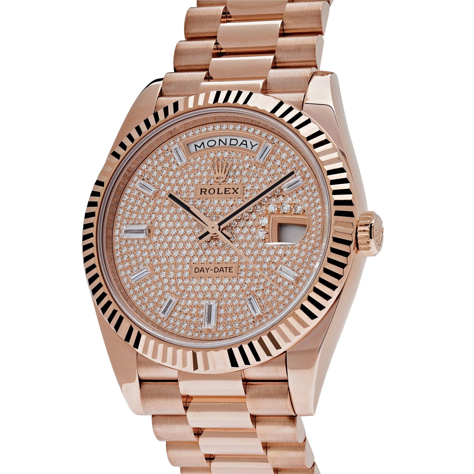 R01ex Day-Date 40 228235 Rose Gold Baguette D1am0nd Paved Dial