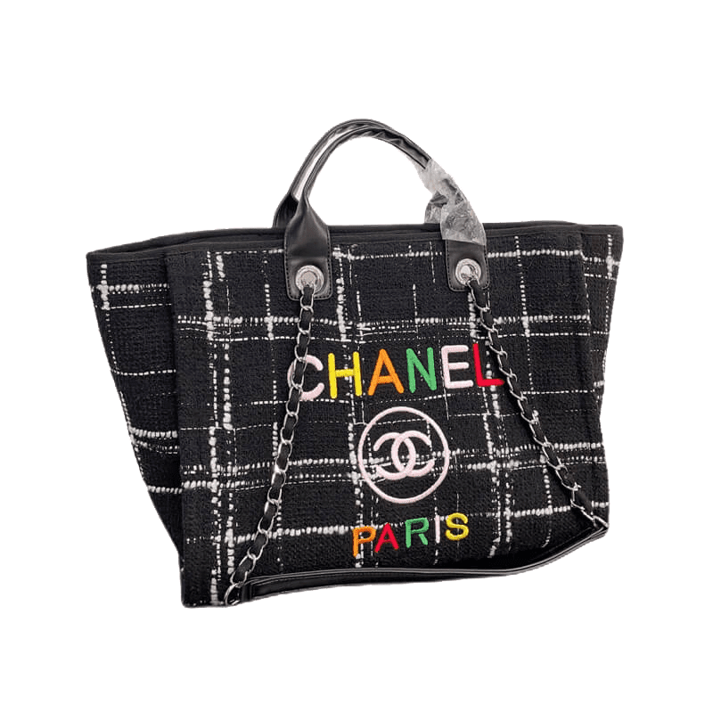 Ch**el Rainbow Black Tweed Deauville Tote Black