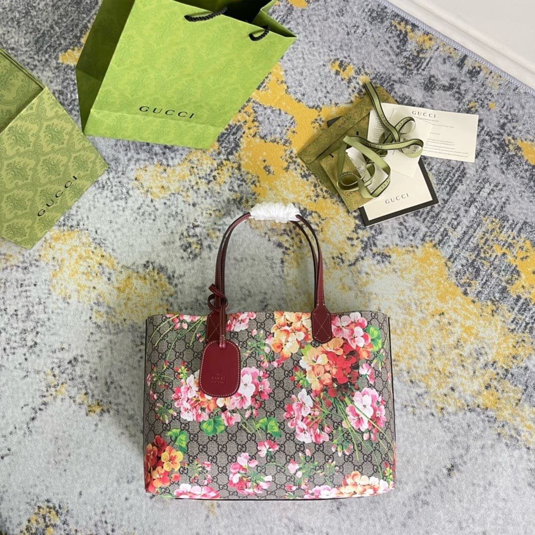 Gvc*1 Tote Bag Floral Pattern GG Blooms Reversible Beige Pink