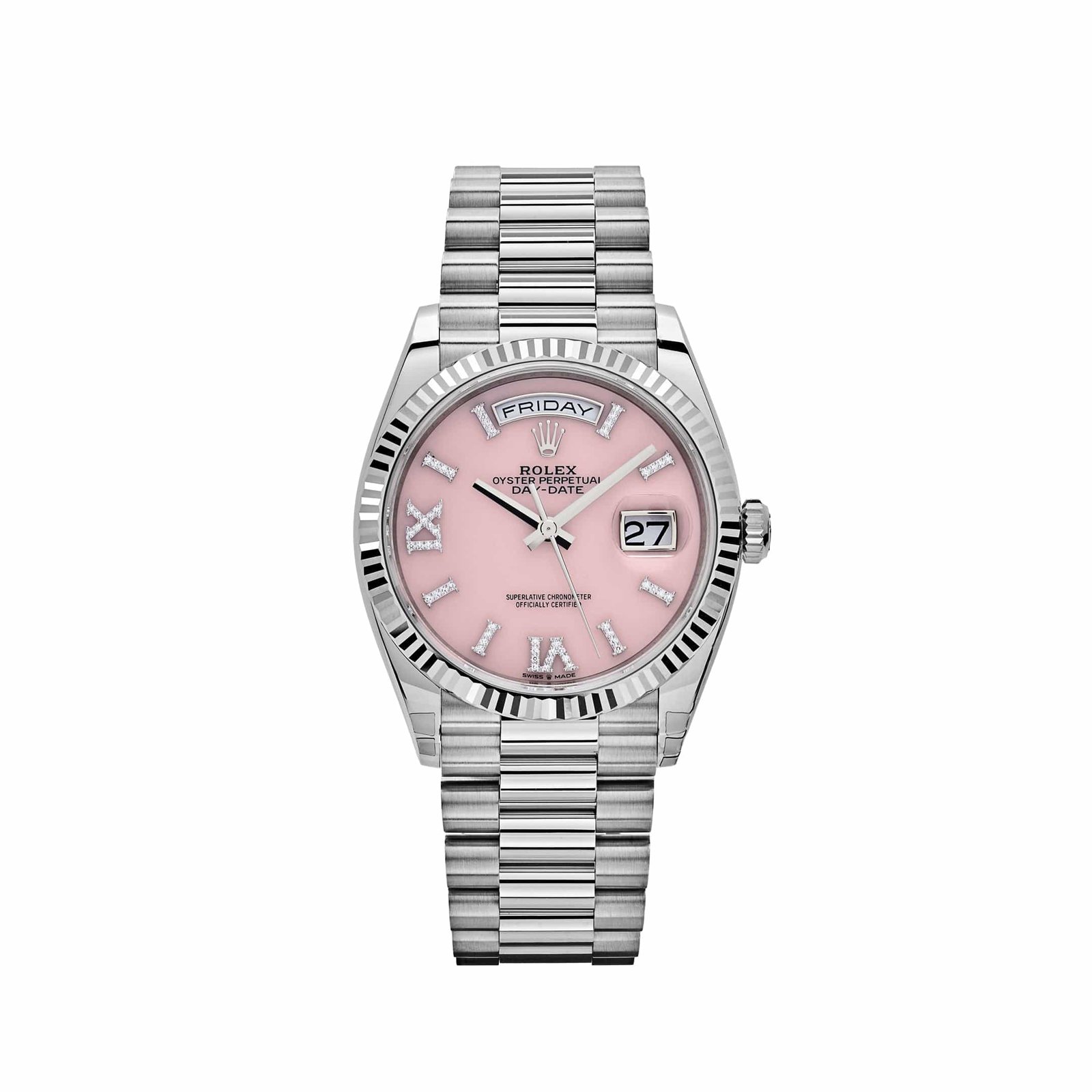 R01ex Day-Date 36 128239 White Gold Pink Opal D1am0nd Roman Numerals Dial