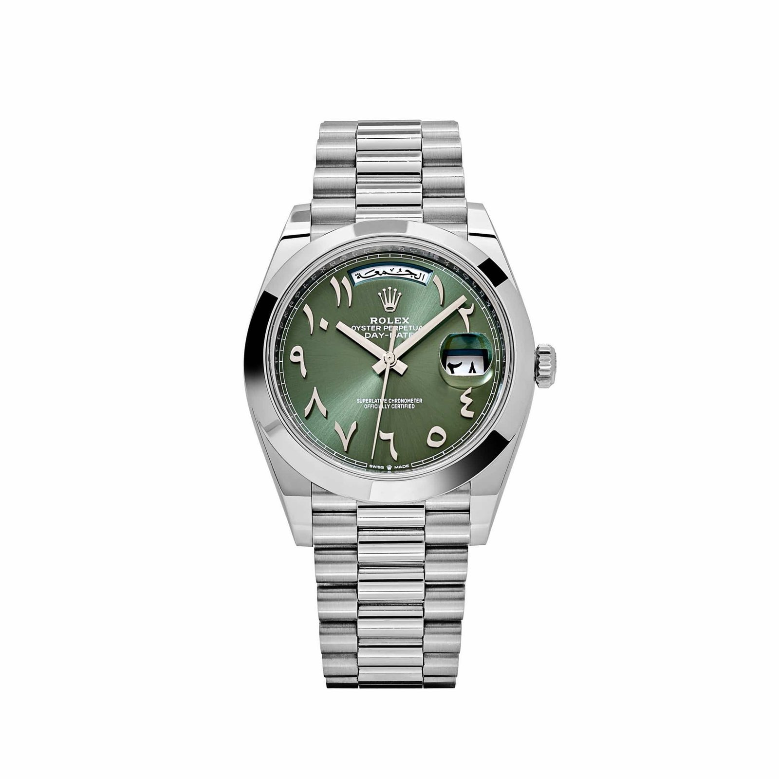 R01ex Day-Date 40 228206 Platinum Olive Green Arabic Dial