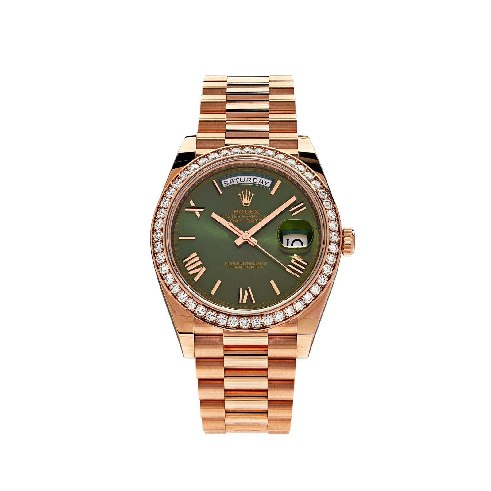 R01ex Day-Date 40 228345RBR Rose Gold Olive Green Dial D1am0nd Bezel