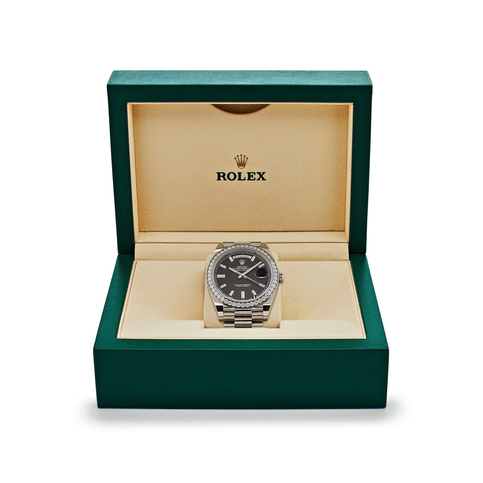 R01ex Day-Date 40 228349RBR White Gold Black Dial D1am0nd Bezel (2021)