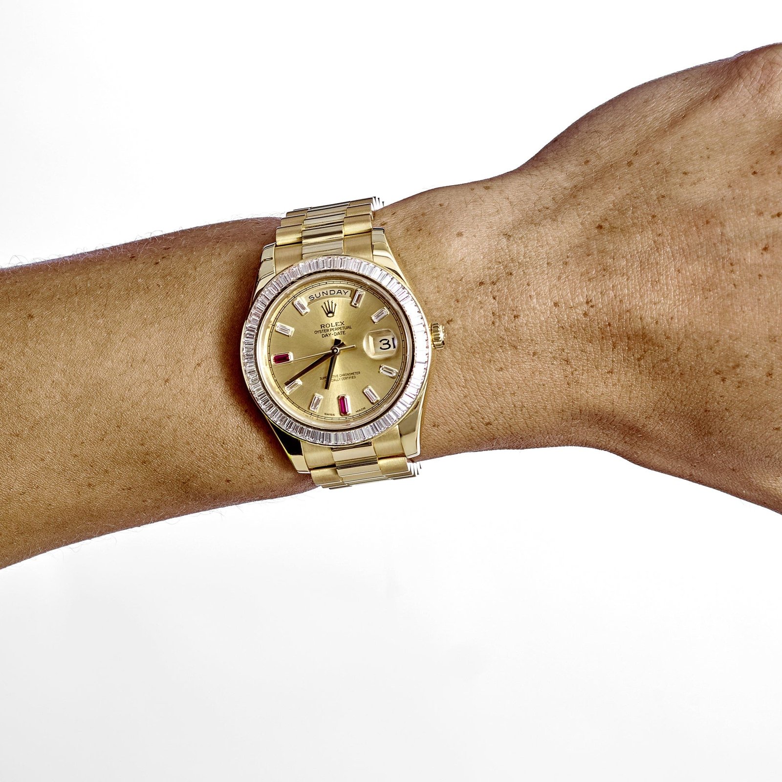 R01ex Day-Date II 218398 Yellow Gold Champagne Dial D1am0nd Bezel