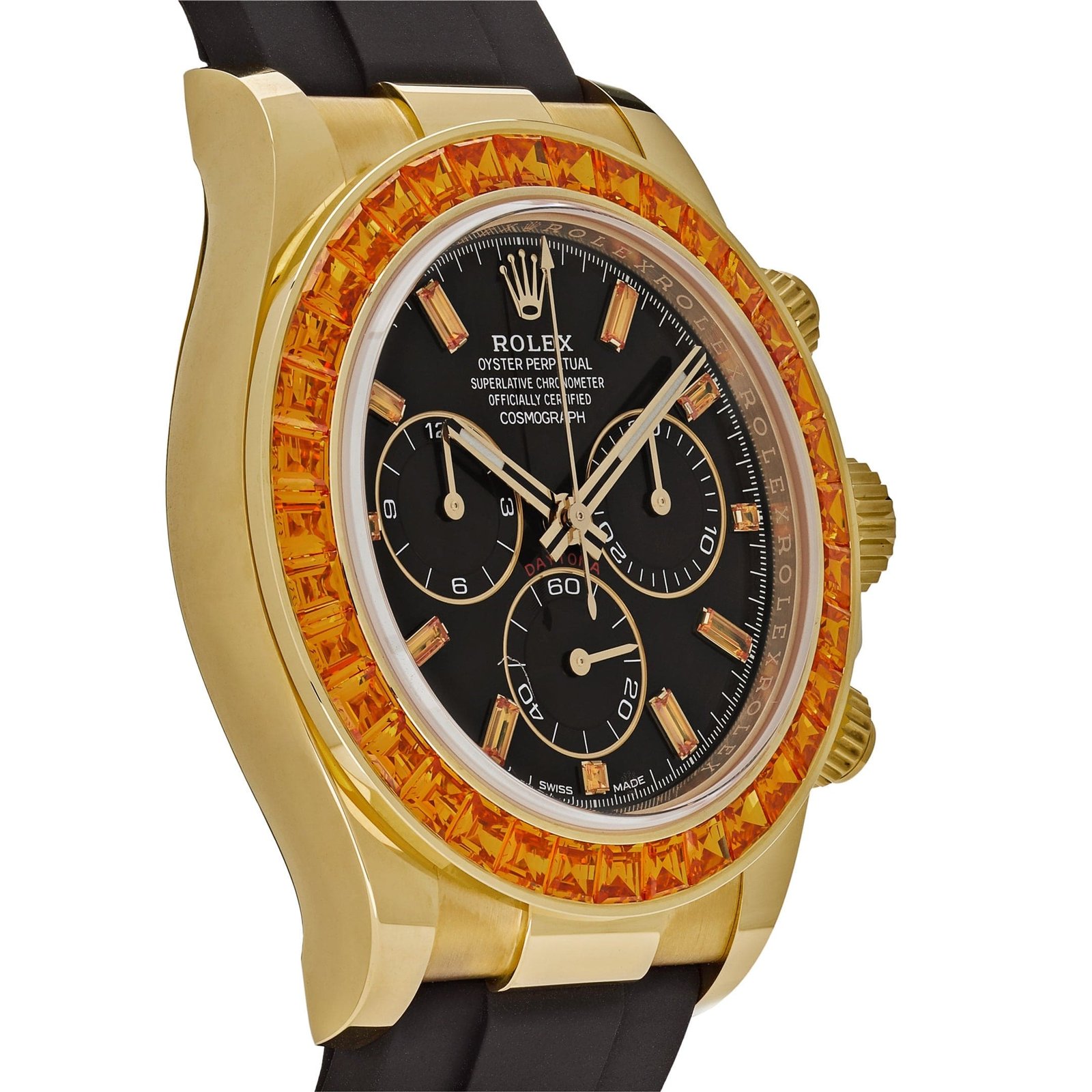 R01ex Daytona 116588SACO Yellow Gold Orange Sapphire Bezel Black D1am0nd Dial