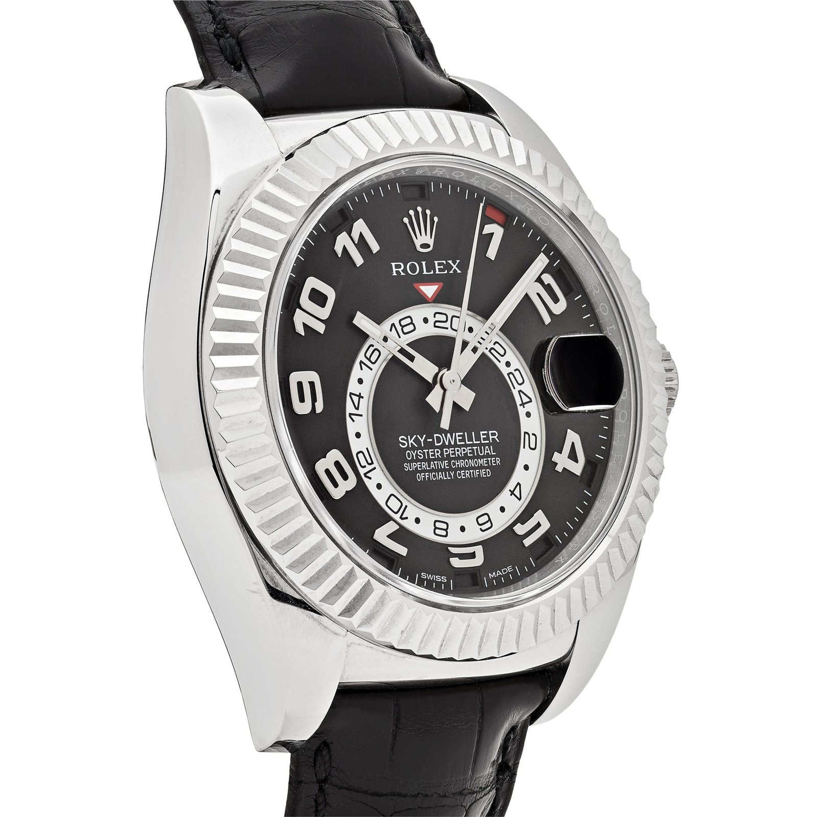 R01ex Sky-Dweller 326139 White Gold Black Dial Leather Strap