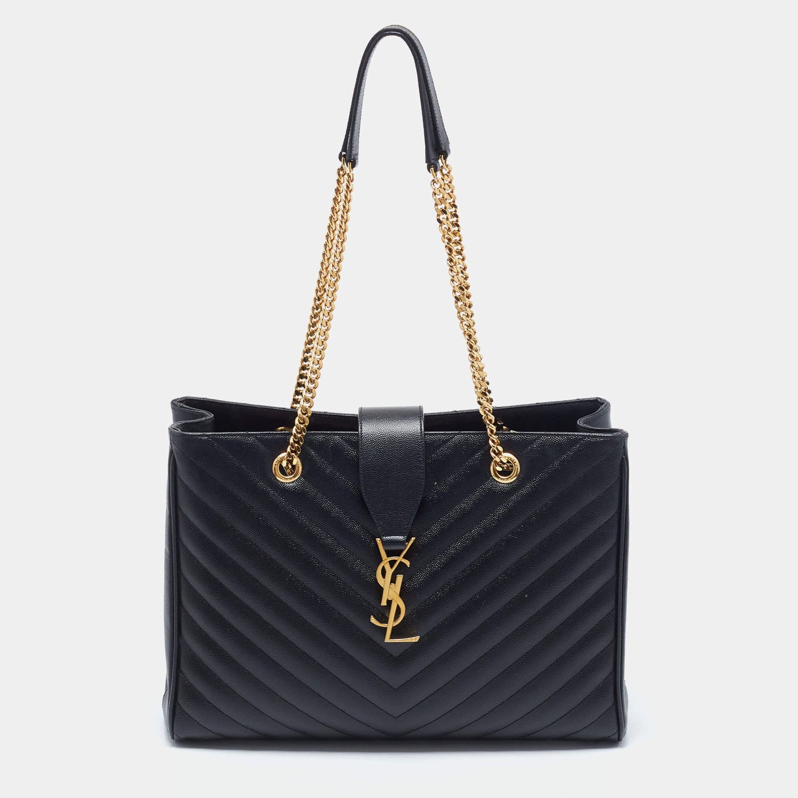 Sa1nt Lau*nt Black Chevron Leather Monogram Chain Cassandre Tote